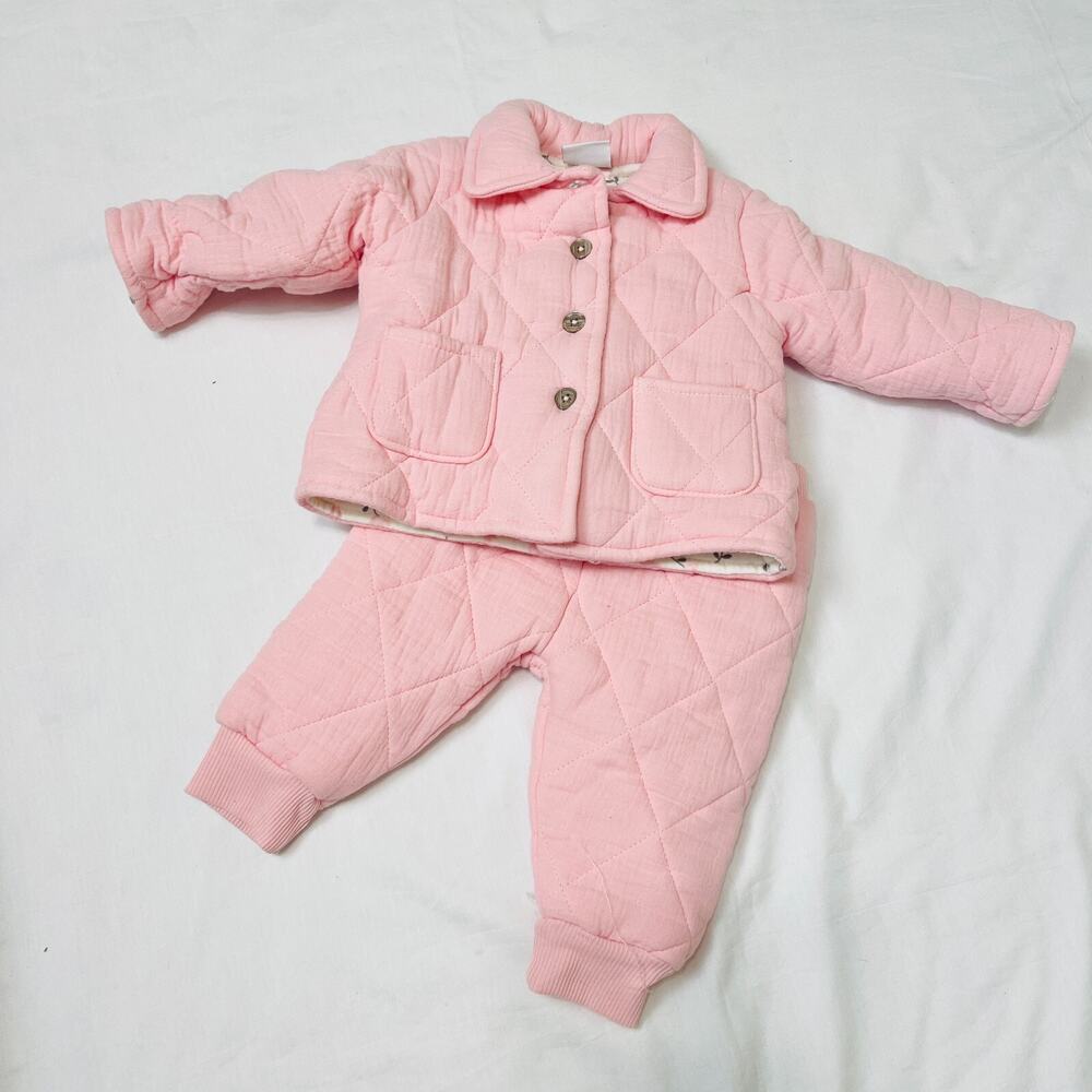 Just Lizzy Baby's Quilted Jacket with Collar and Pajama Set Color Pink 3/6 M